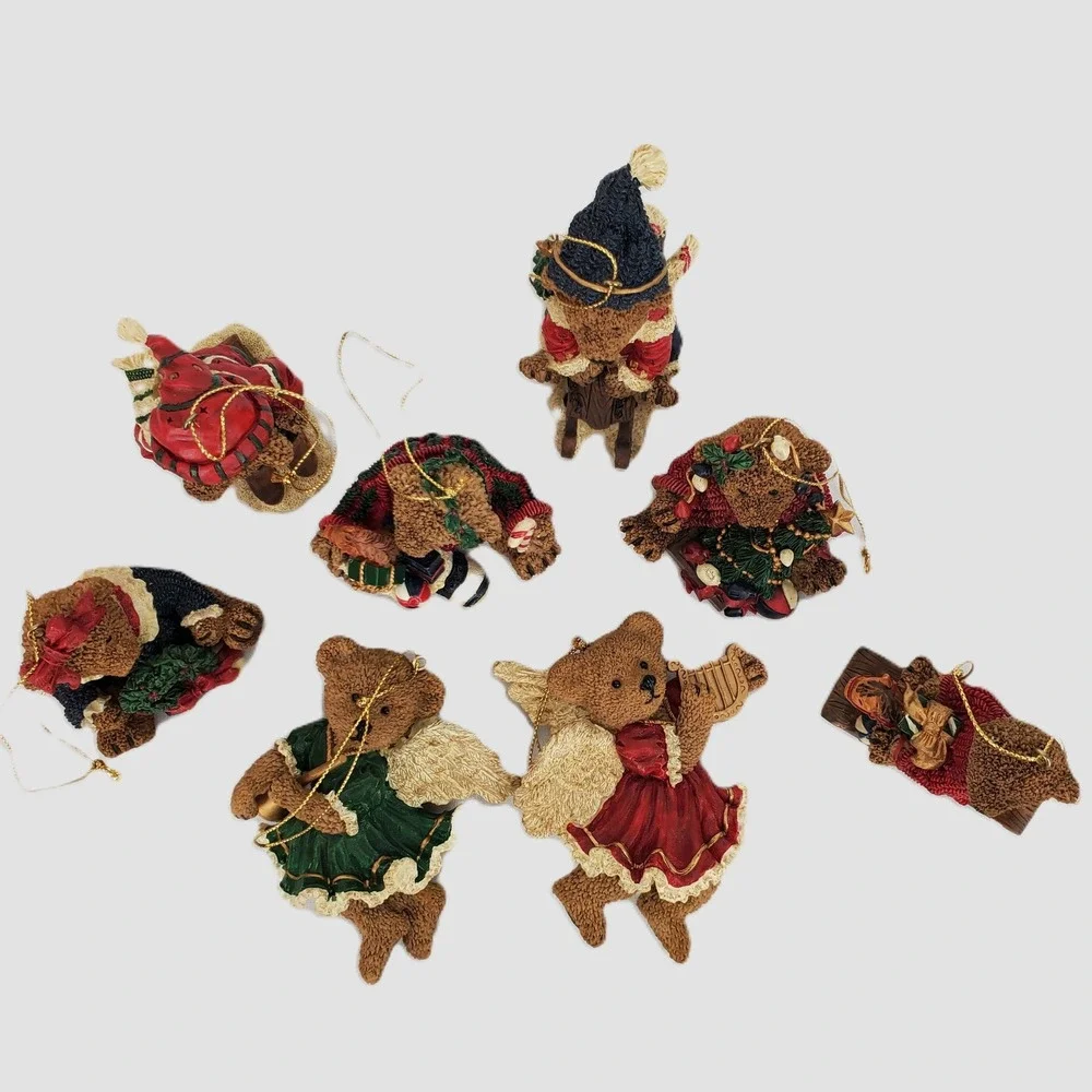 Christmas Teddy Bear 8pc Ornament Set Resin Angel‎ Skiing Sledding Holiday Decor